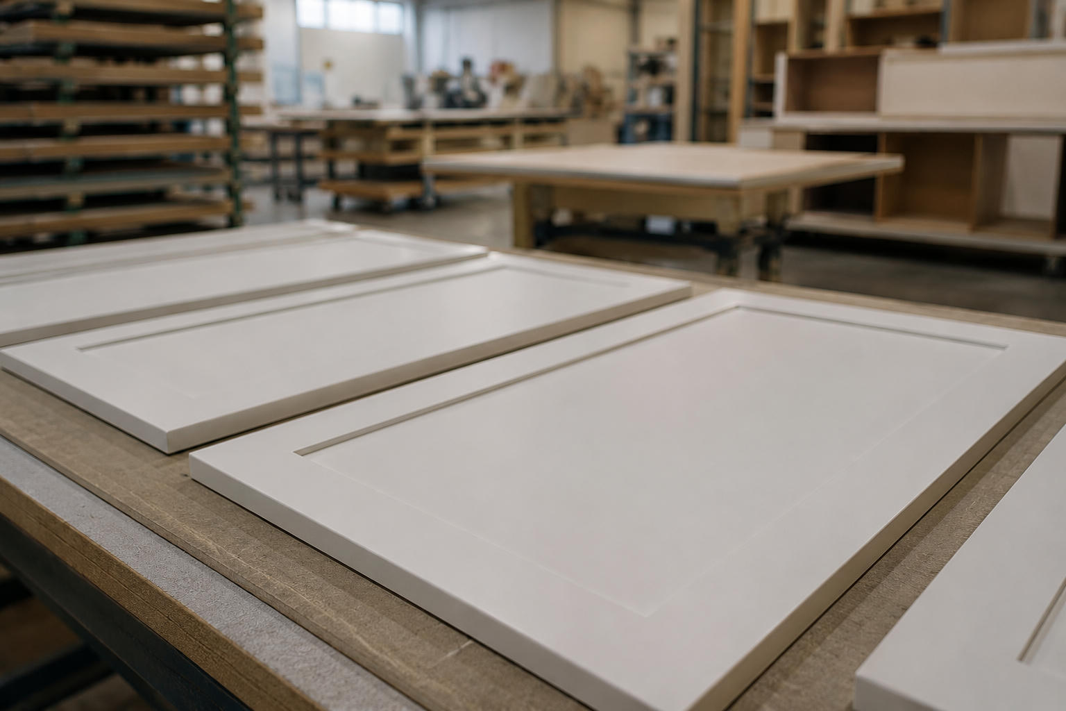 Finished shaker cabinet doors on a workshop bench.