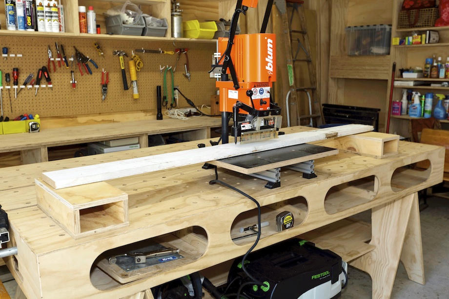 Workshop bench used to drill and mark doors after measuring.